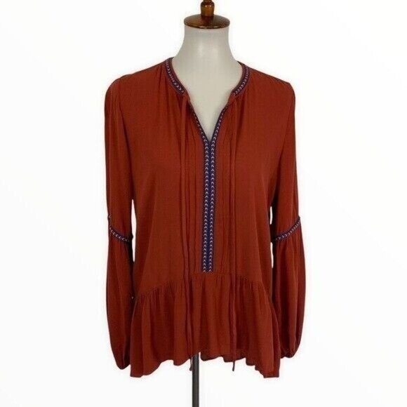 Ro And De Rust Orange Peasant Blouse Boho Embroidered Long Sleeve Top Small - Picture 1 of 8